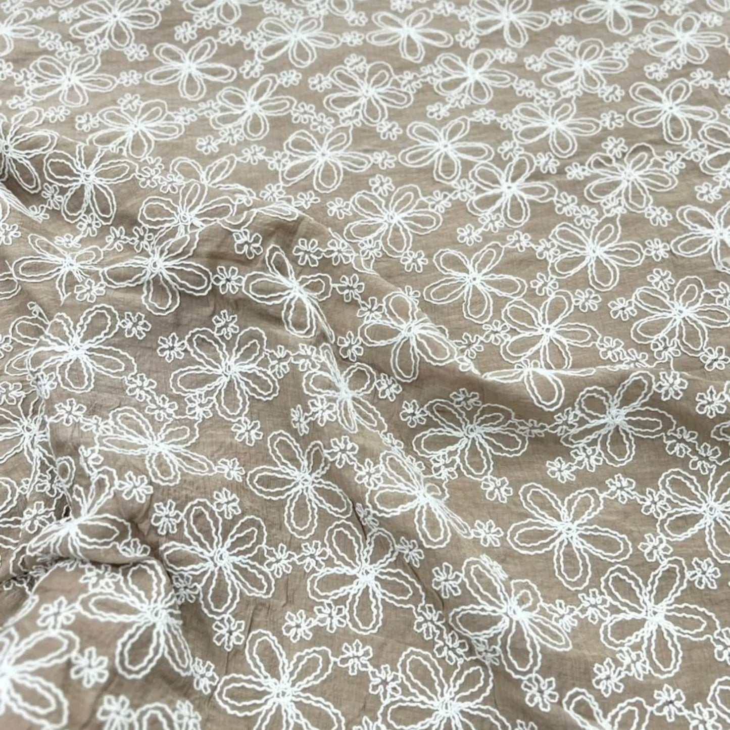 Detailed close-up of Taupe Brown Mal Chanderi fabric with delicate white floral thread embroidery, highlighting the lightweight weave, elegant texture, and premium craftsmanship for ethnic and contemporary apparel.