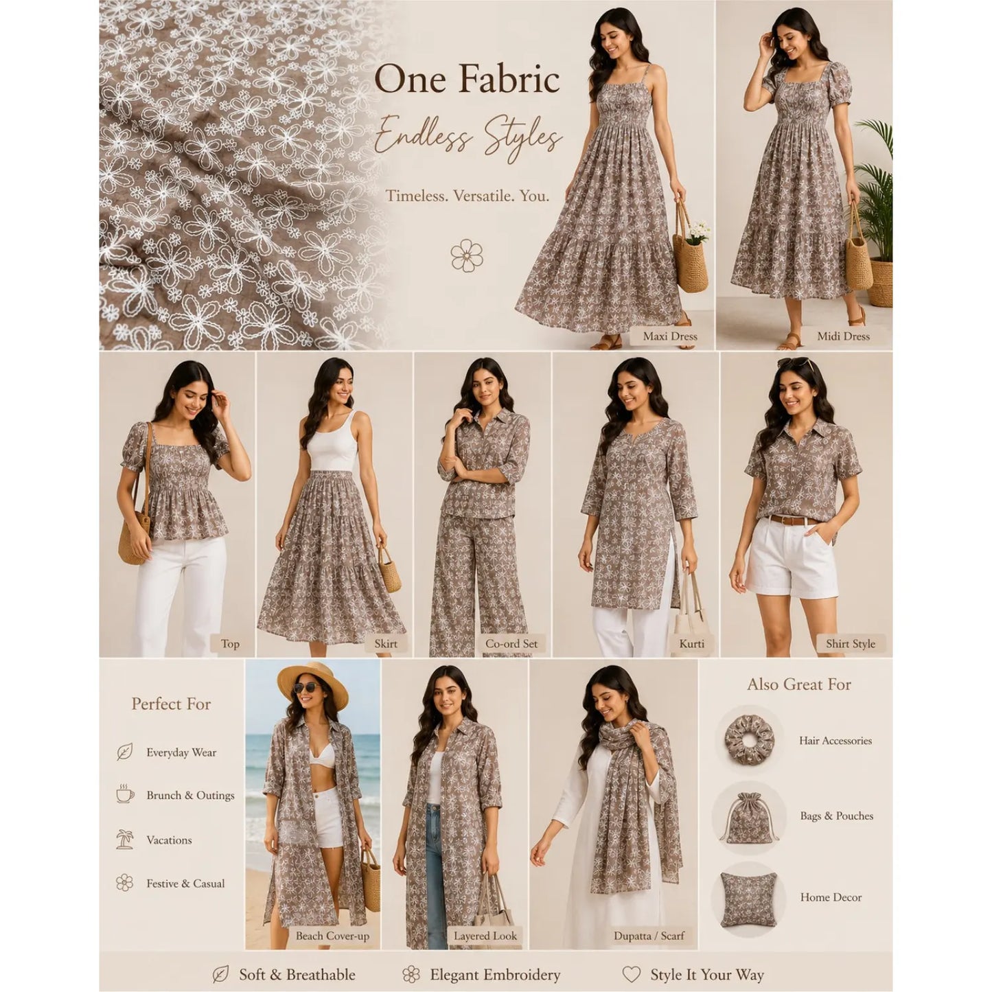 Taupe Brown Mal Chanderi fabric style inspiration with embroidered outfits and accessories