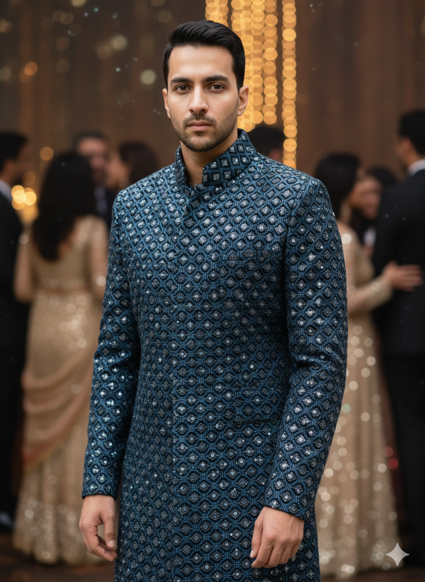 Heavy embroidered teal velvet fashion fabric suitable for sherwani, kurti, and gowns.