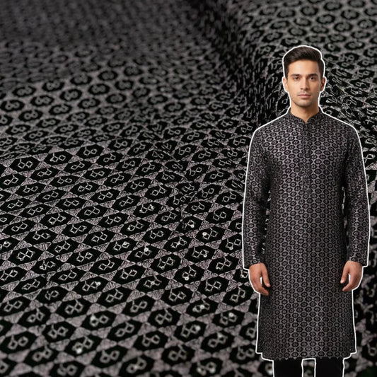 Luxury black base velvet fabric showcasing wine-purple geometric design for wedding and partywear menswear.