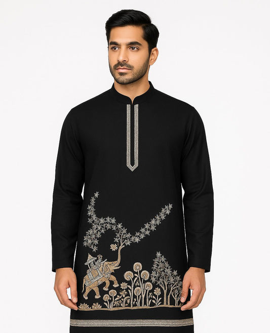 Unstitched kurta fabric in black, highlighting a colorful, decorated elephant. The embroidery is concentrated heavily at the hemline for a dramatic look.