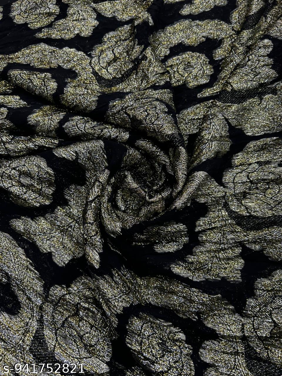 Premium Black Gold Floral Georgette Fabric with Heavy Rose Lurex Work | Elegant Party Wear Collection for Gown, Saree & Designer Outfits