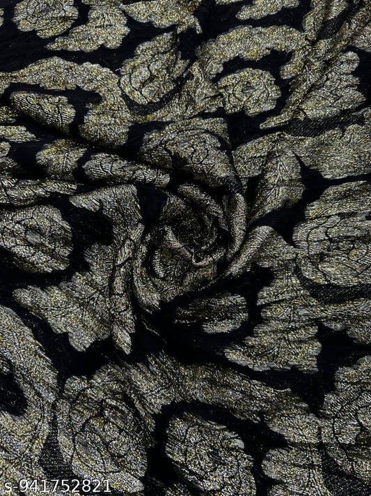 Premium Black Gold Floral Georgette Fabric with Heavy Rose Lurex Work | Elegant Party Wear Collection for Gown, Saree & Designer Outfits