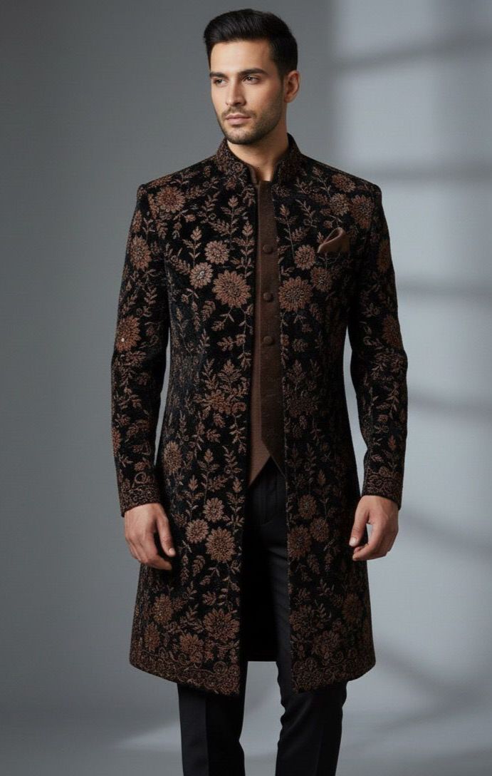 Elegant velvet embroidered fabric ideal for sherwani and indo western wear