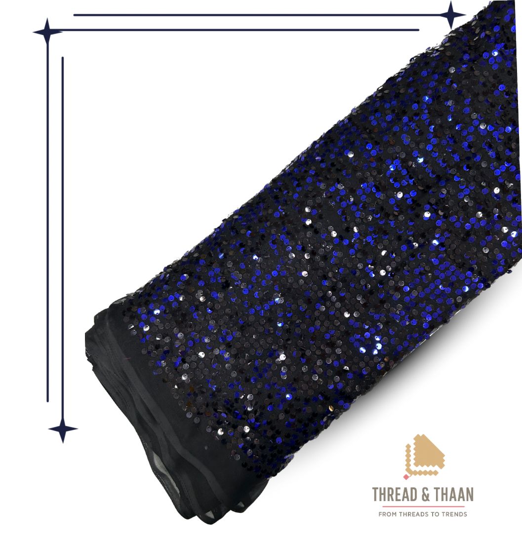 Blue, silver and gold sequin work tissue fabric for designer party wear