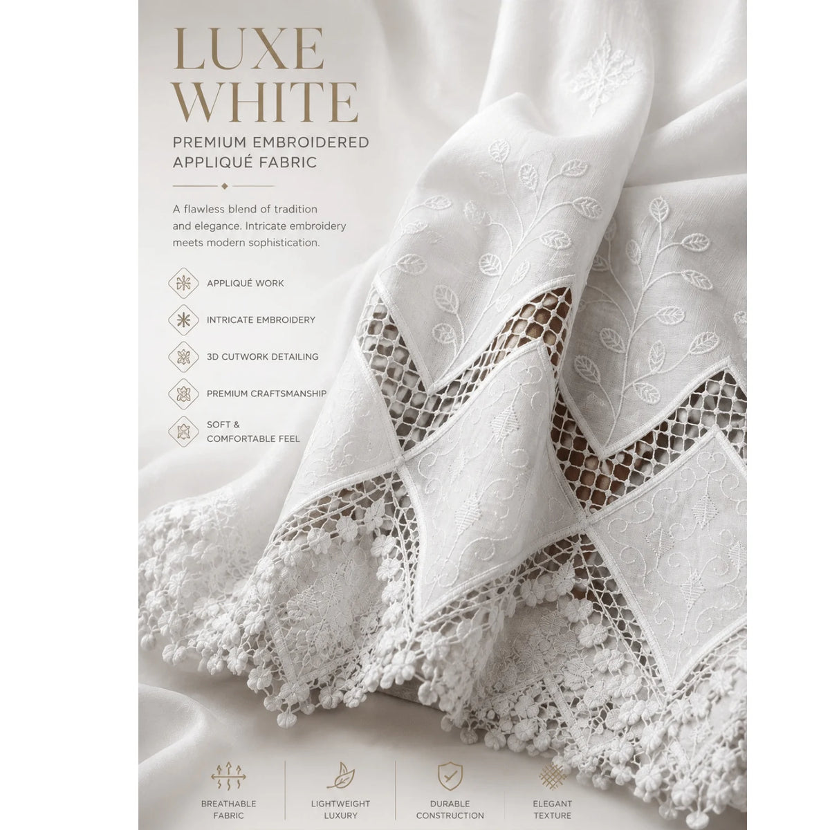 Premium white applique embroidery fabric with elegant cutwork border, floral embroidery and detailed fabric features.
