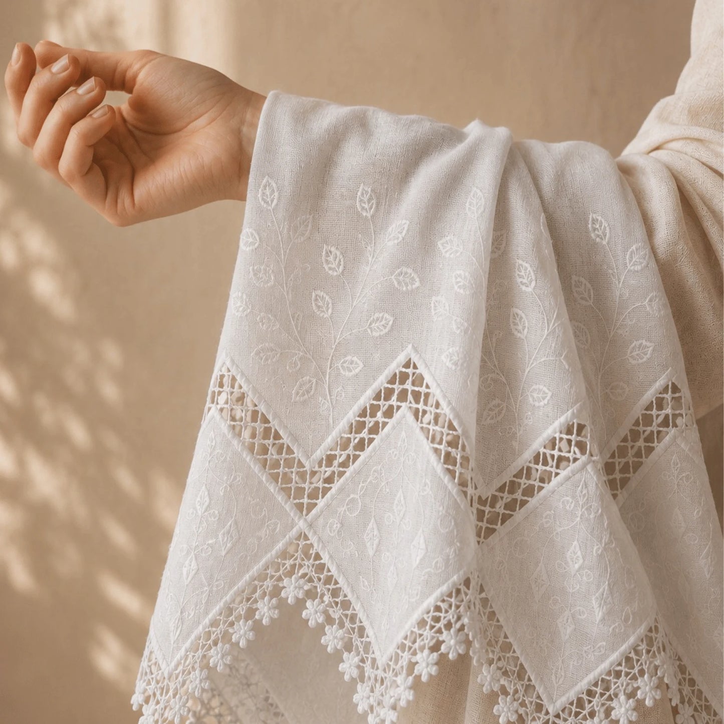 Premium white applique embroidery fabric with elegant cutwork border and floral embroidery.
