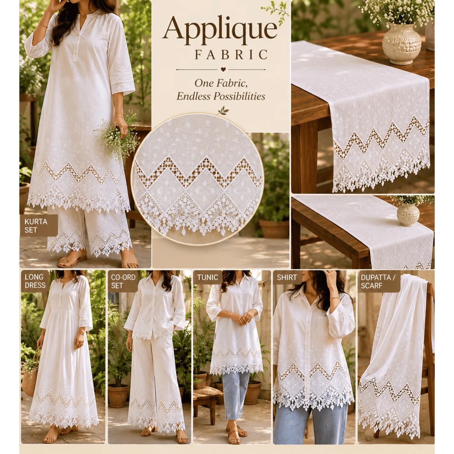 White applique embroidery fabric styling guide showcasing kurta, dress, co-ord set, tunic, shirt, table runner and home décor ideas.
