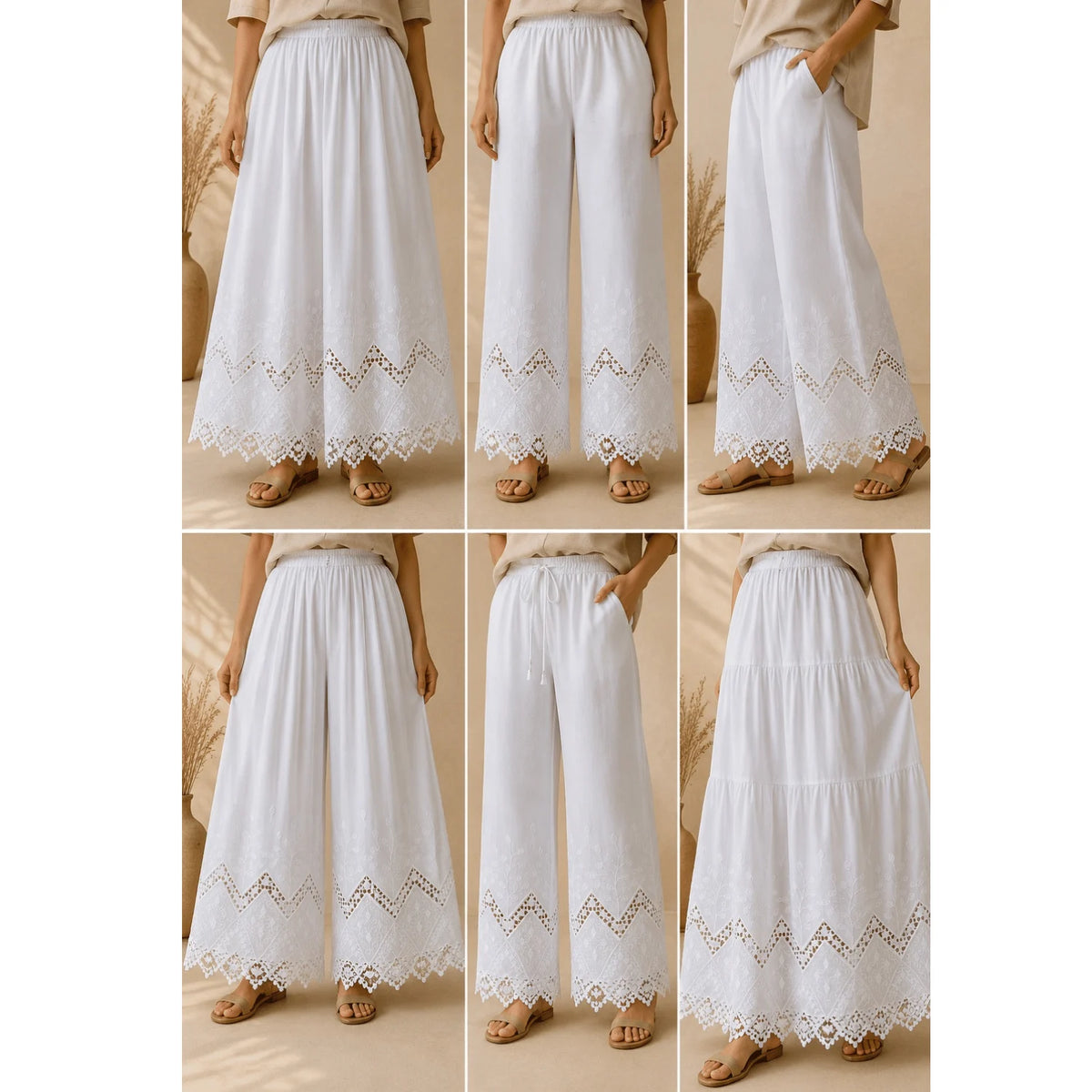 Premium white applique fabric showcased in stylish palazzo pant designs with embroidered lace detailing.