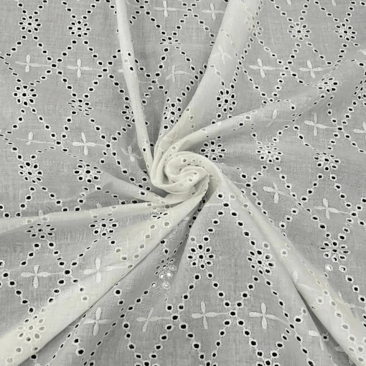 White Cotton Hakoba Schiffli Fabric with Diamond Eyelet Embroidery