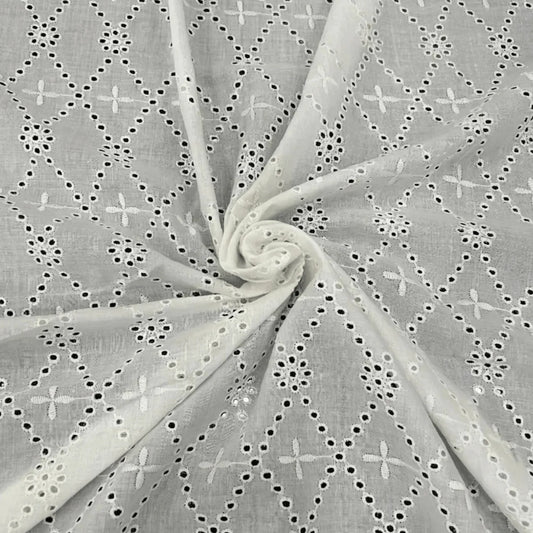 White Cotton Hakoba Schiffli Fabric with Diamond Eyelet Embroidery