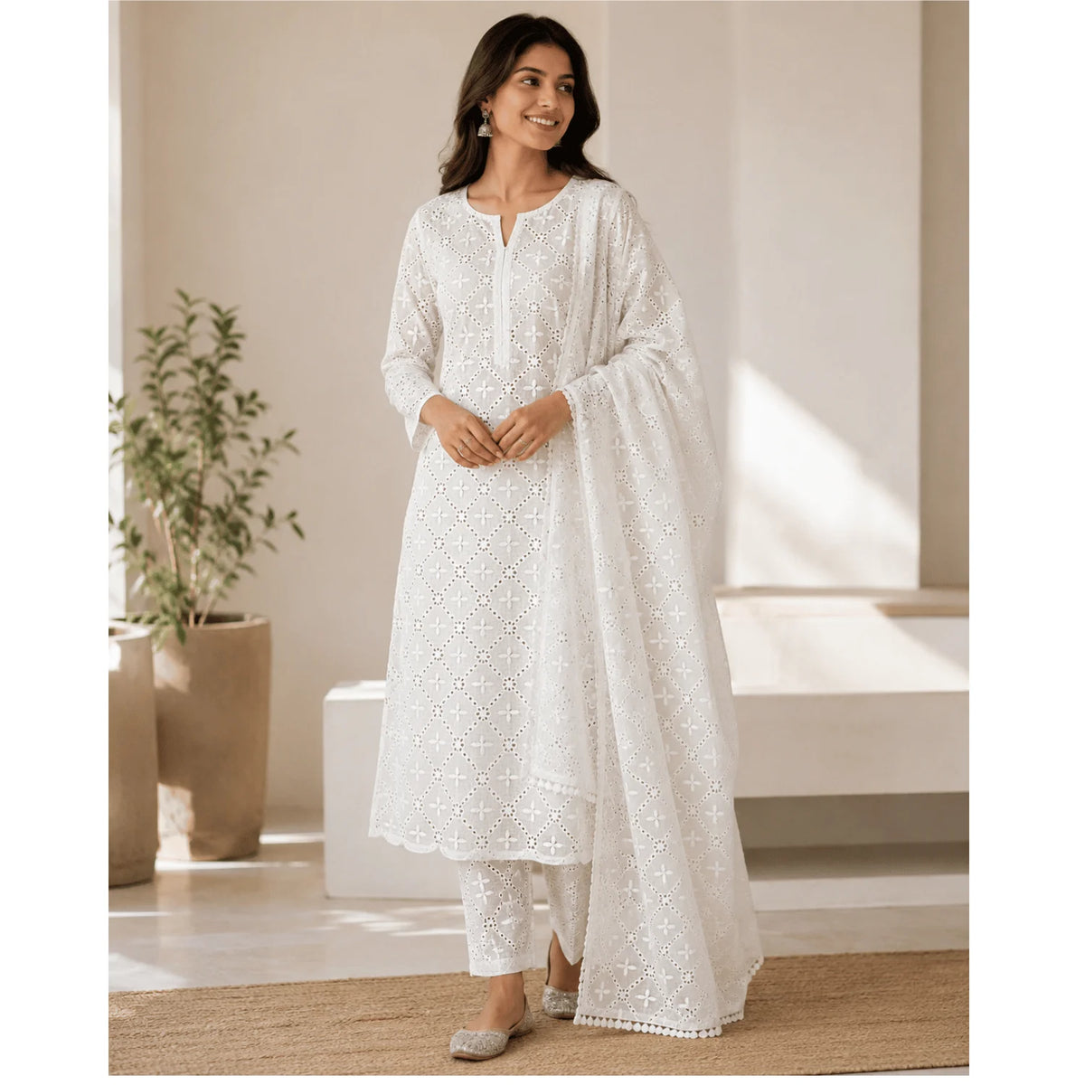 Woman wearing a White Cotton Hakoba Schiffli Kurti Set with matching dupatta and pants, featuring elegant diamond eyelet embroidery. Crafted from soft, breathable 100% cotton fabric with a 44-inch width, ideal for festive wear, ethnic wear, casual occasions, and summer comfort.