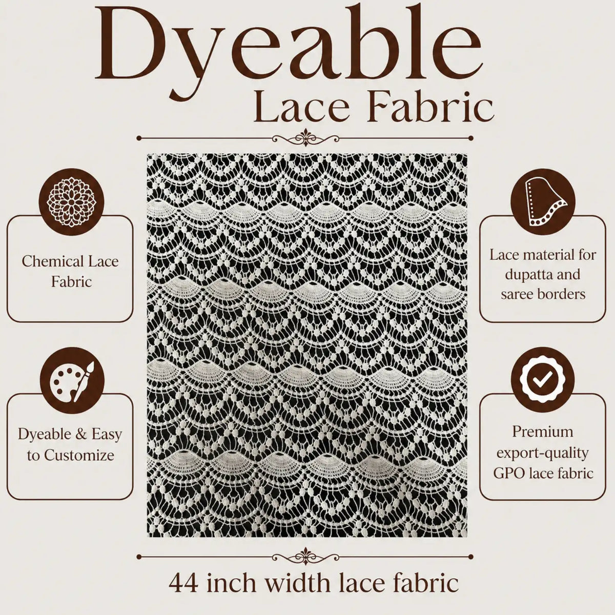 Premium white dyeable GPO chemical lace fabric featuring an elegant floral crochet pattern with scalloped embroidery. Soft, lightweight and export-quality lace, perfect for saree borders, dupattas, gowns, dresses, blouses, kurtis and designer ethnic wear. Width: 44 inches.