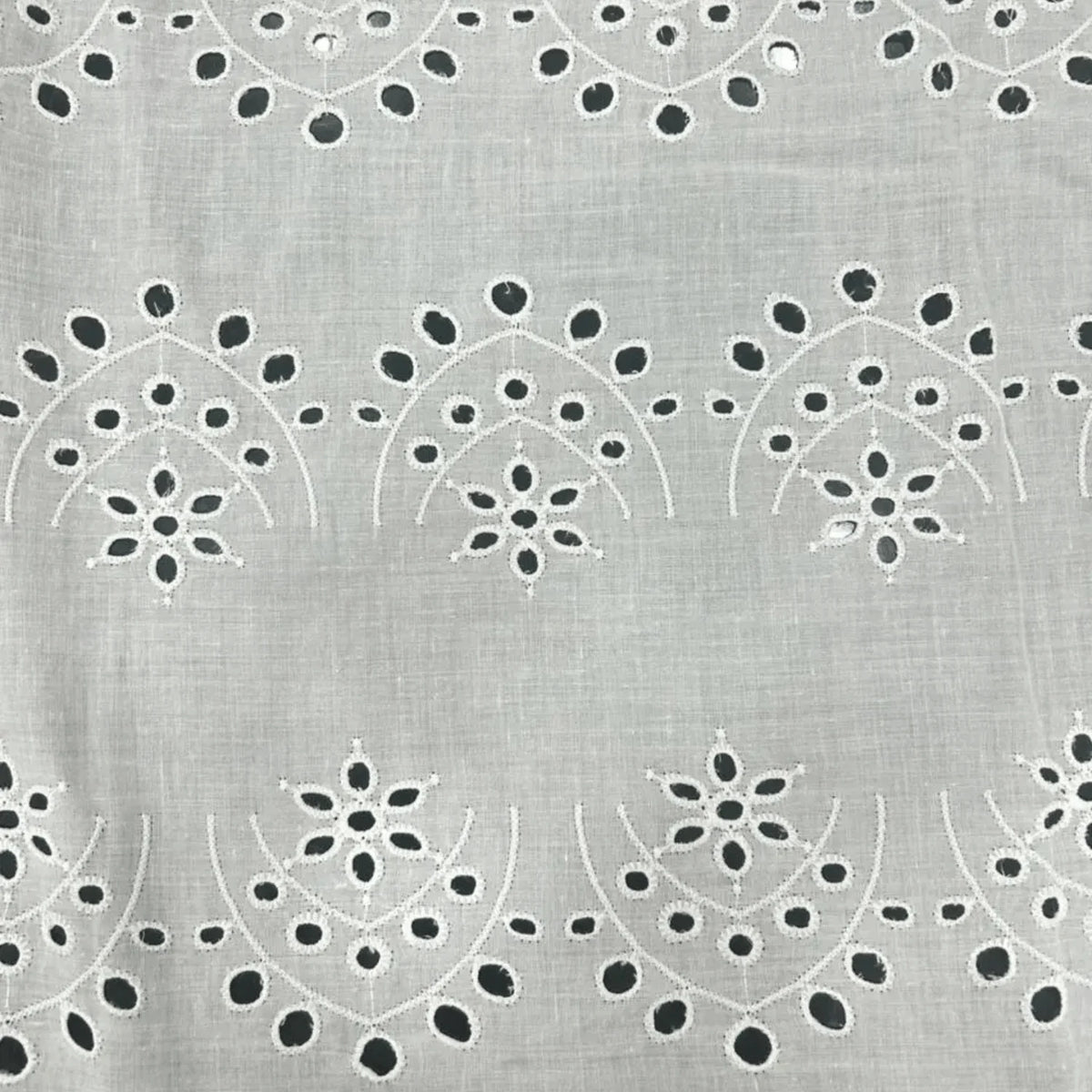 Premium White Hakoba Schiffli Cotton Fabric featuring elegant floral eyelet embroidery pattern, soft breathable 44-inch wide cotton fabric for kurtis, dresses, salwar suits and ethnic wear.