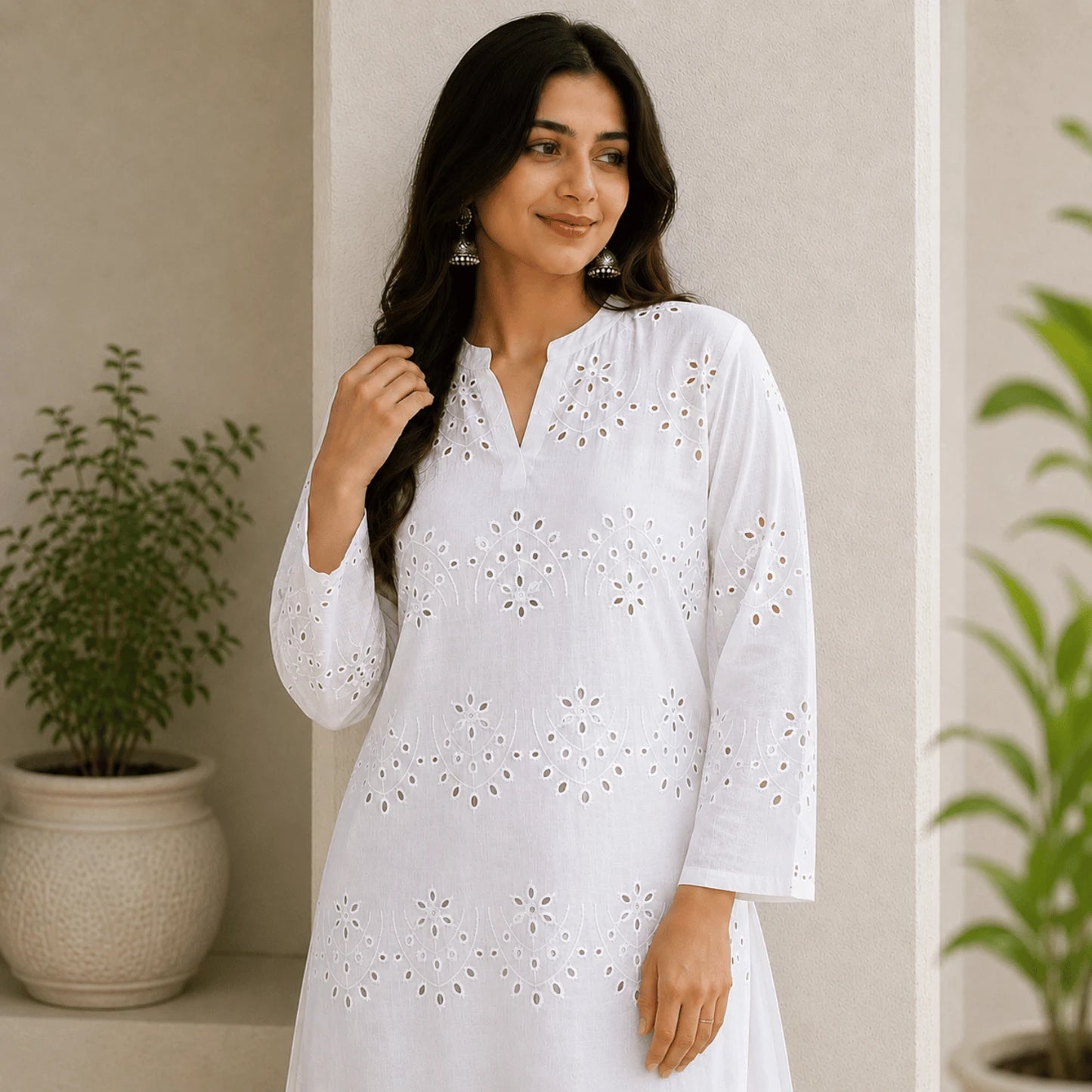 White Hakoba Schiffli cotton kurti with floral eyelet embroidery.