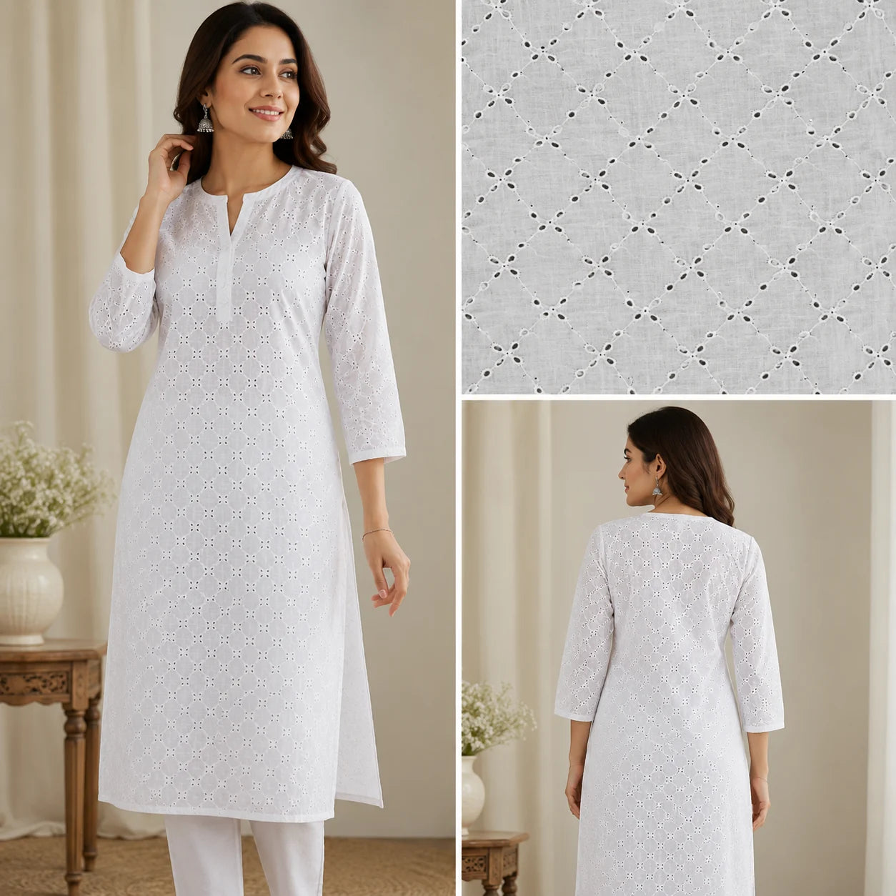 Women's White Hakoba Schiffli Cotton Kurti featuring floral eyelet embroidery with front and back views, crafted from premium dyeable cotton fabric for ethnic wear, casual wear and festive outfits.