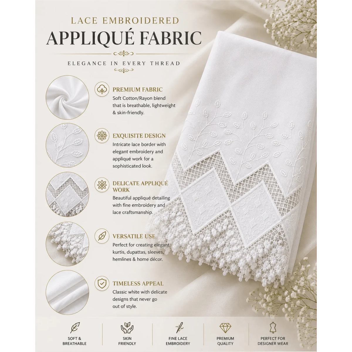 White cotton applique fabric showcasing floral embroidery, lace cutwork and premium craftsmanship.