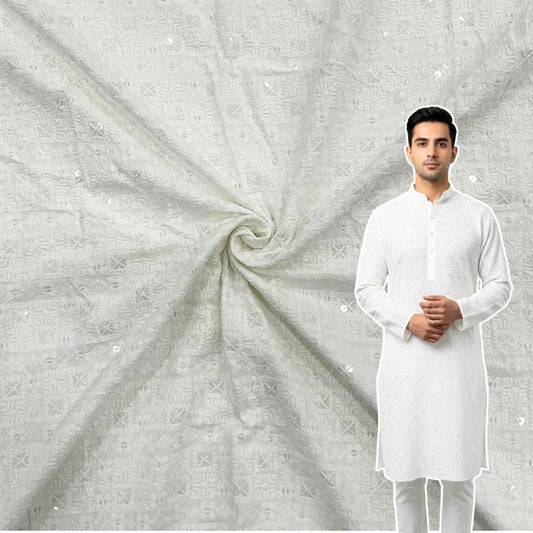 White rayon viscose chess design embroidered kurta fabric with subtle sequin work for festive menswear.
