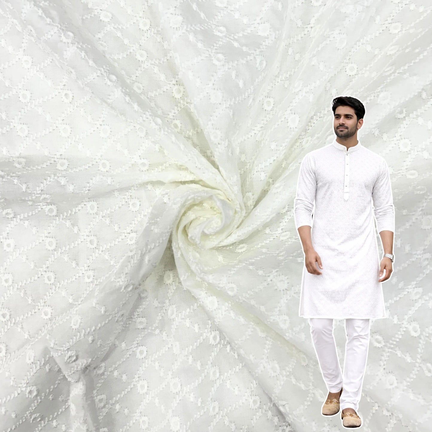 White pure cotton pagdi design embroidered fabric for kurta and ethnic wear