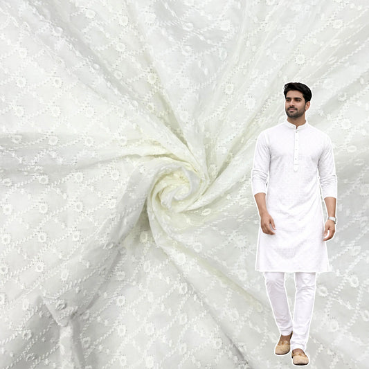 White pure cotton pagdi design embroidered fabric for kurta and ethnic wear