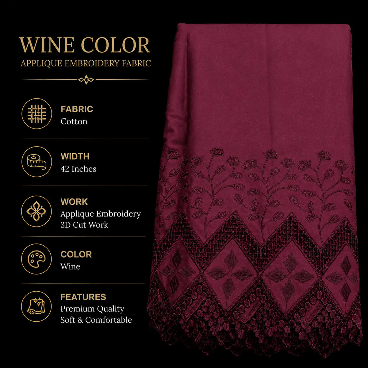 Premium wine applique embroidery cotton fabric with 3D cutwork, 42 inch width for kurti, palazzo, suits and ethnic dress material.