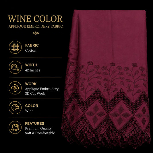 Premium wine applique embroidery cotton fabric with 3D cutwork, 42 inch width for kurti, palazzo, suits and ethnic dress material.