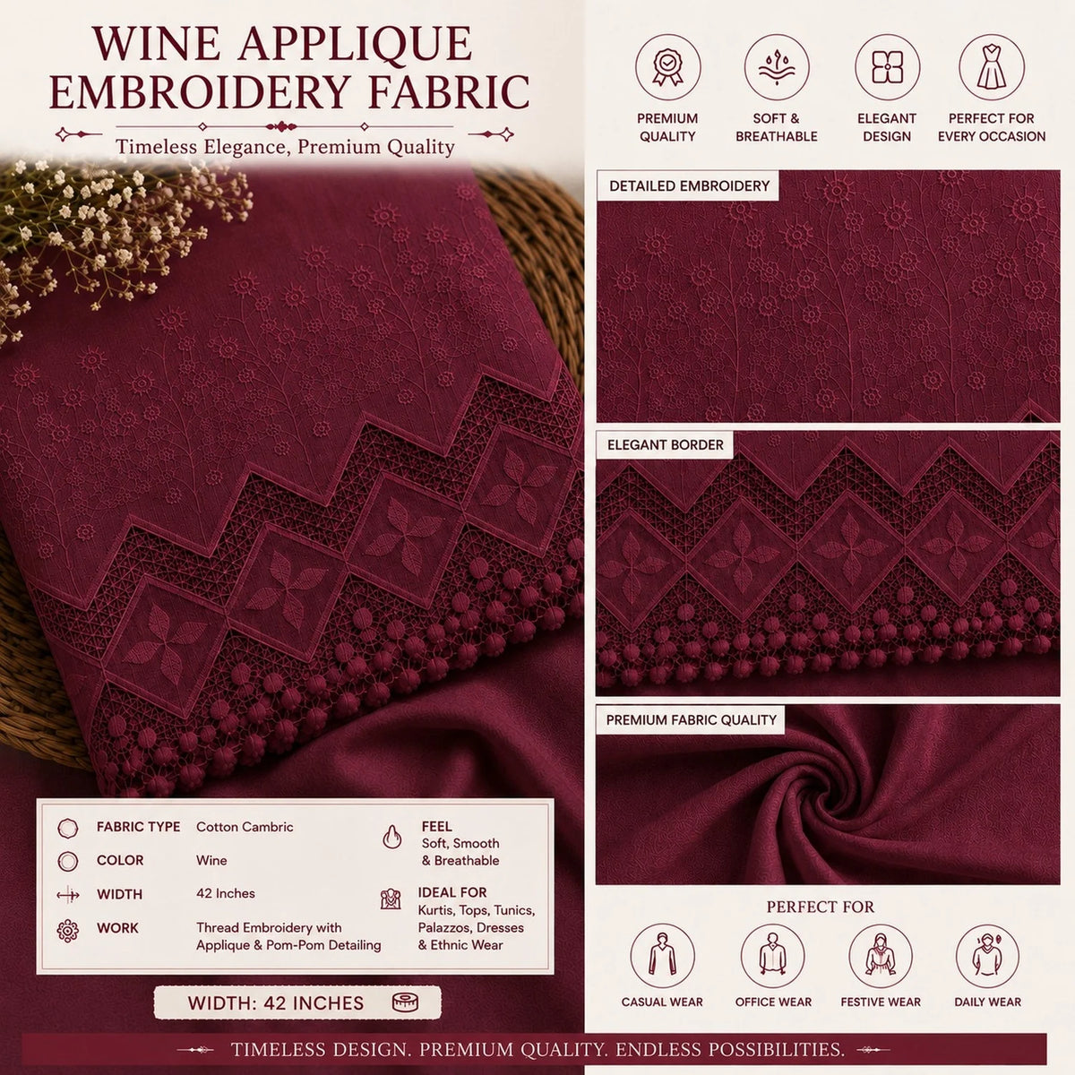 Wine cotton applique embroidery fabric with elegant 3D cutwork border, ideal for kurti, dresses, palazzo and ethnic wear.