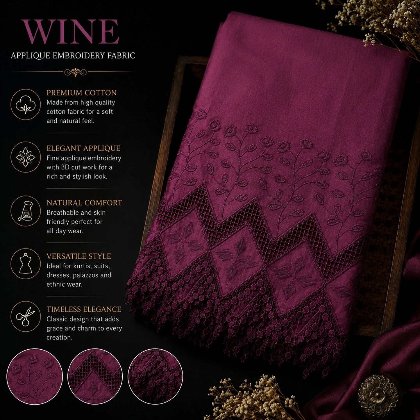 Luxury wine applique embroidery fabric featuring premium cotton, intricate 3D cutwork and decorative border for women's ethnic wear.