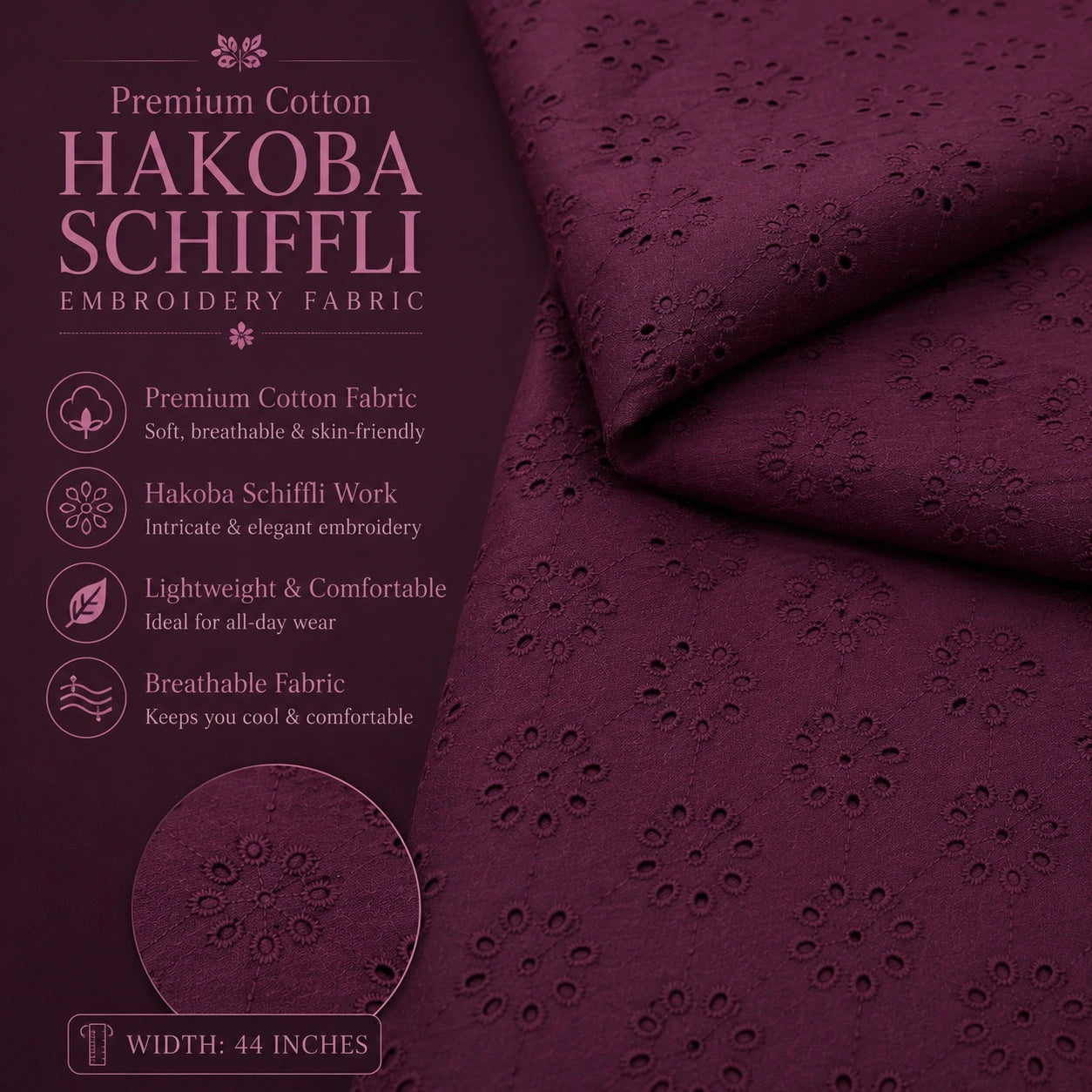 Wine Hakoba Schiffli cotton fabric with premium embroidery details and fabric features.