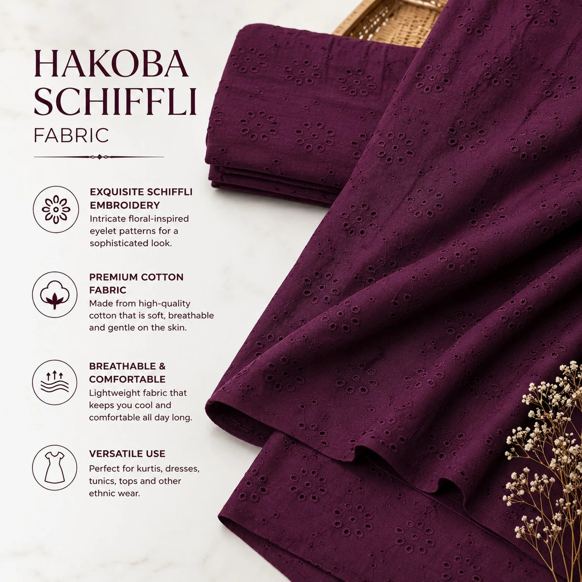Wine Hakoba Schiffli cotton fabric with floral embroidery.