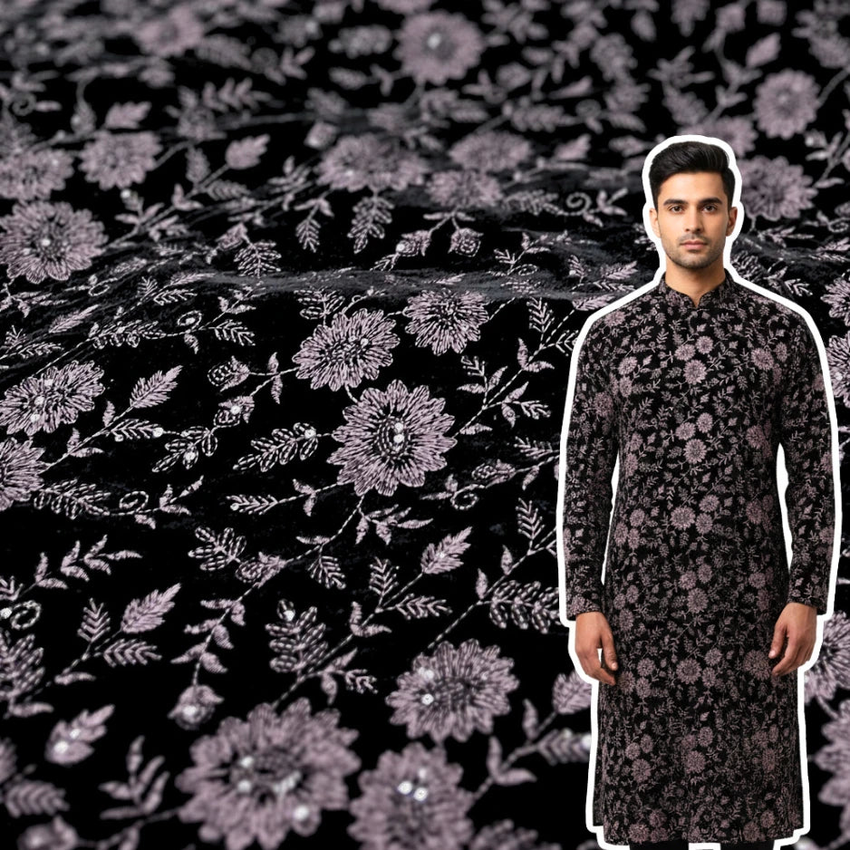 Wine velvet embroidery fabric for wedding and festive wear