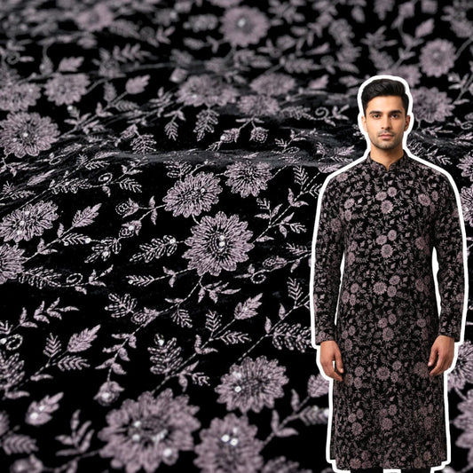 Wine velvet embroidery fabric for wedding and festive wear
