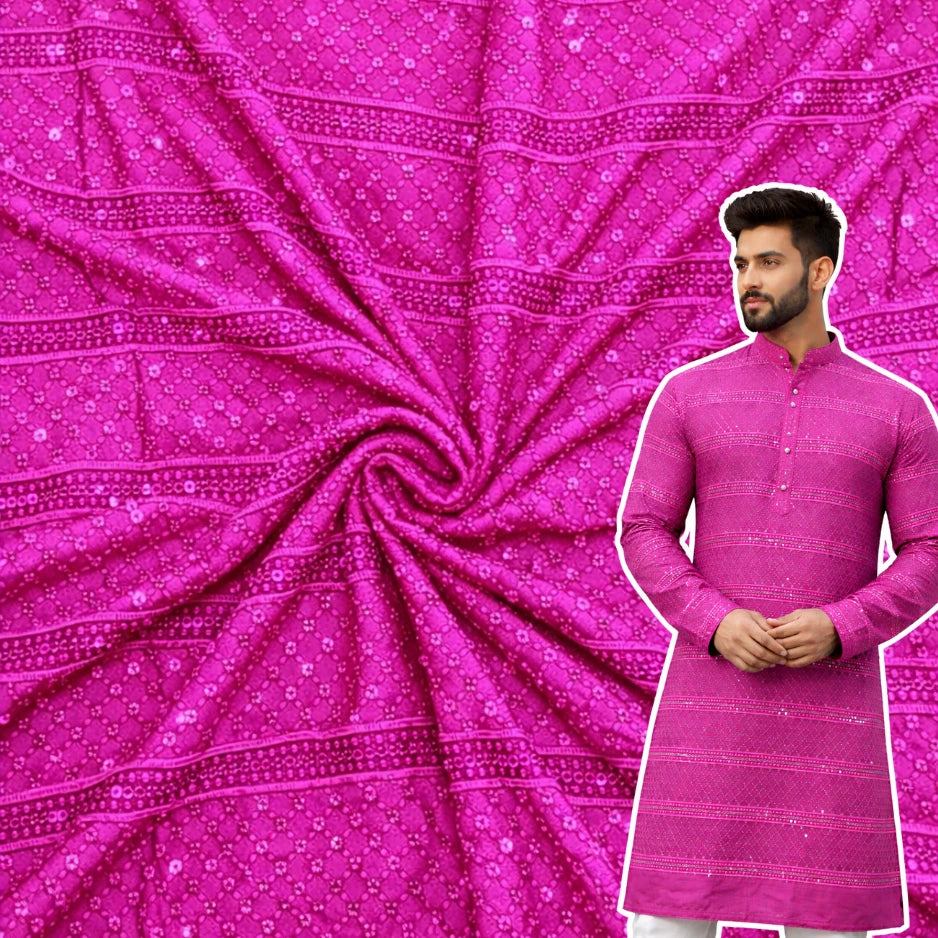 Wine rayon viscose embroidered kurta fabric with sequin patta design for festive menswear