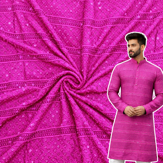 Wine rayon viscose embroidered kurta fabric with sequin patta design for festive menswear
