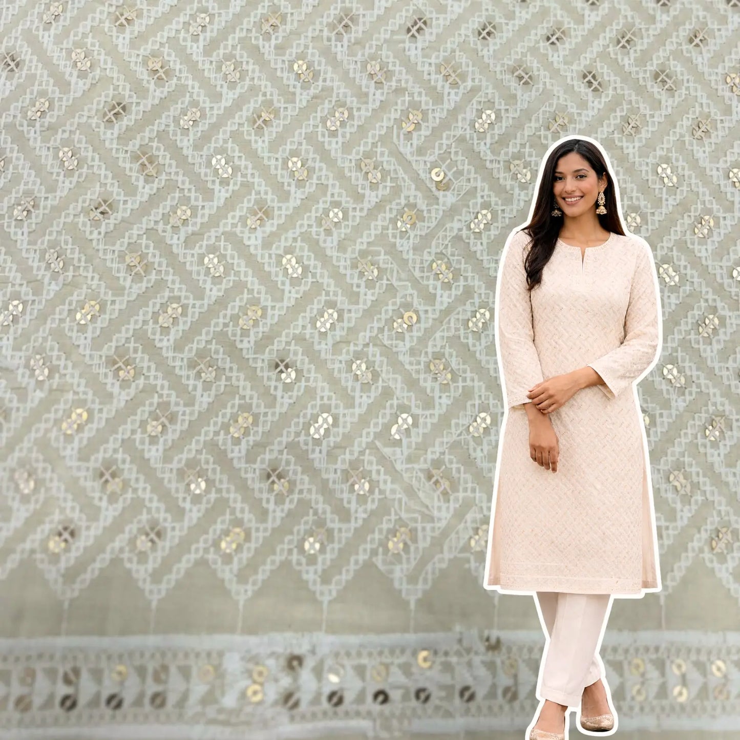 Women’s off-white cotton cambric kurti suit fabric with thread embroidery