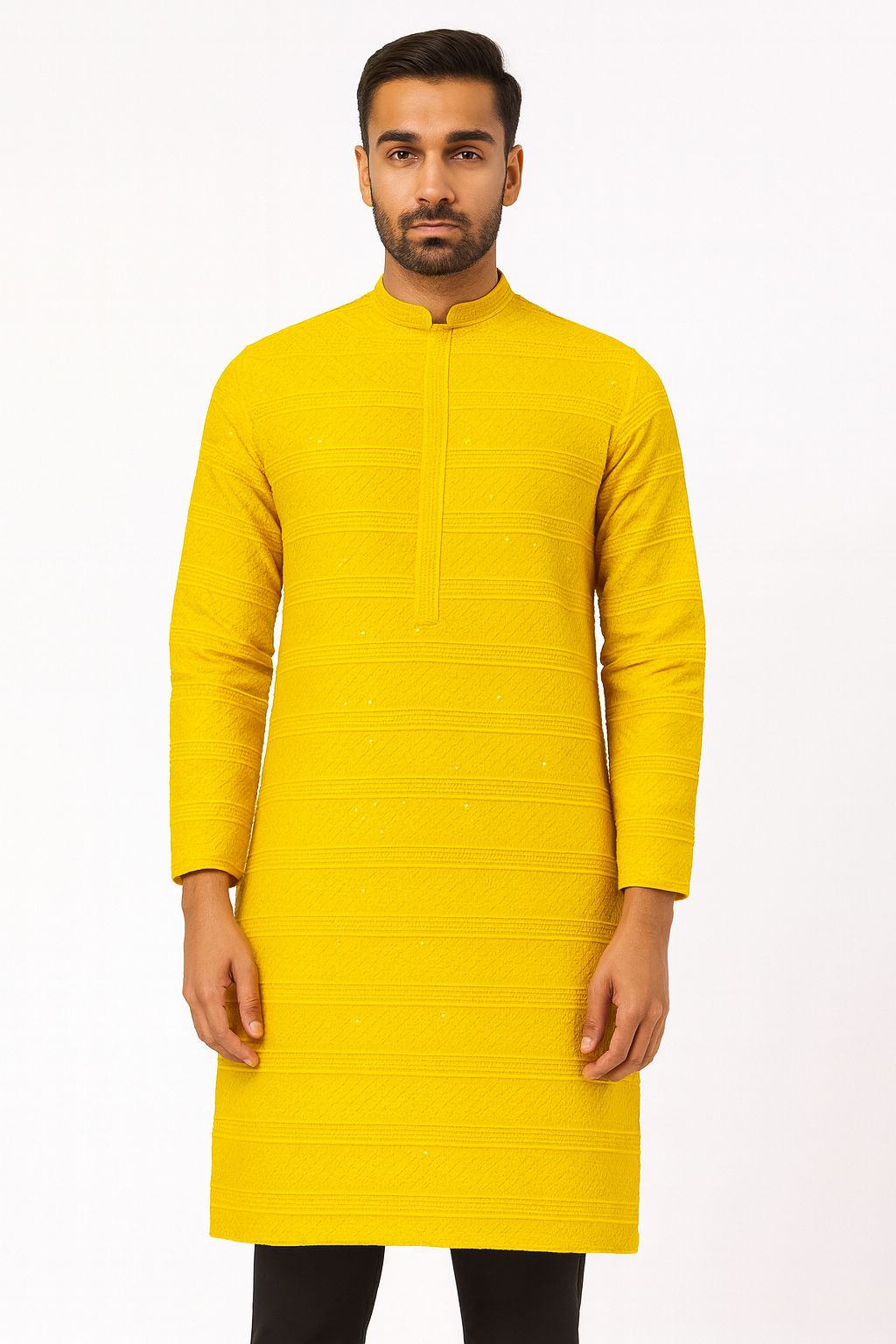 Premium yellow rayon viscose sequin and embroidery fabric for men’s festive haldi outfit and traditional kurta

