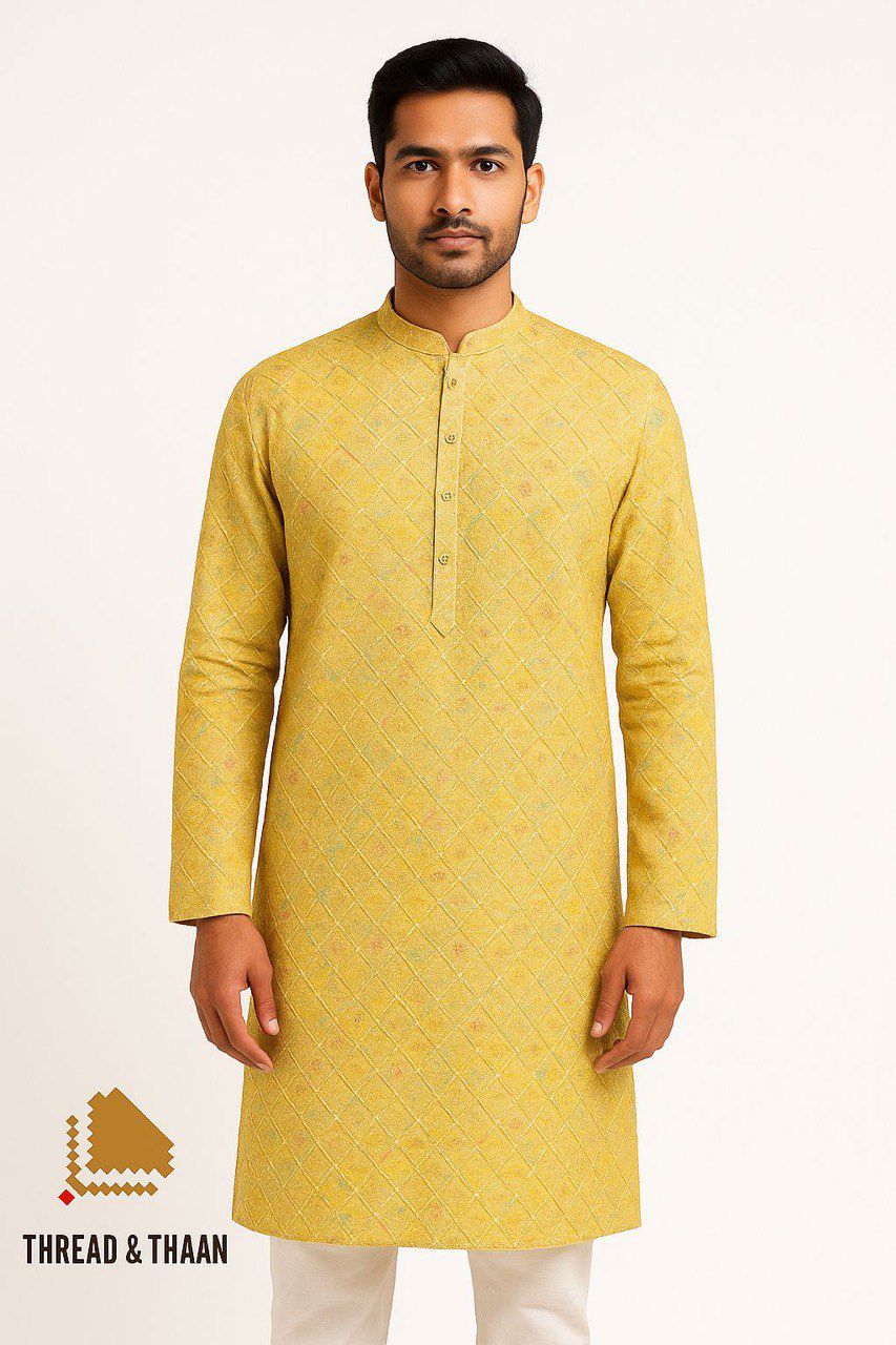 Premium pastel rayon viscose fabric with digital print, thread embroidery and sequin work for ethnic kurta wear

