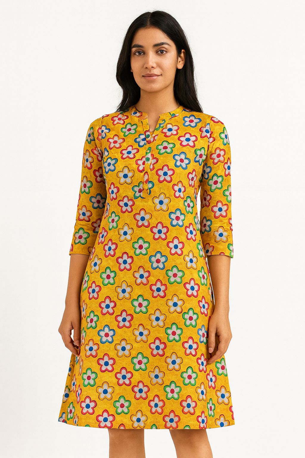 Vibrant yellow pure cotton Hakoba fabric with colorful floral print and delicate cutwork embroidery, perfect for stylish summer dresses.