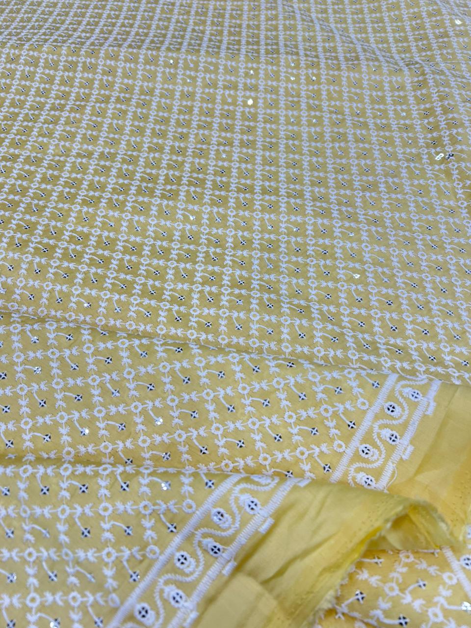 yellow chikankari embroidered roman silk fabric women