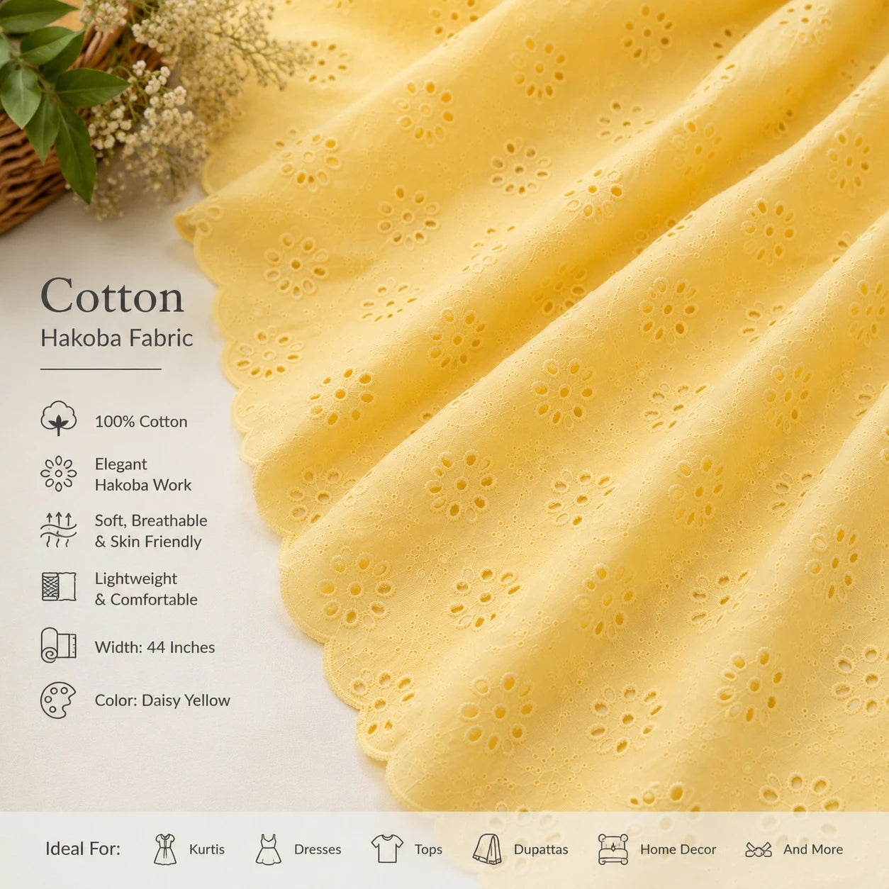 Yellow Cotton Hakoba Schiffli Fabric Product Features