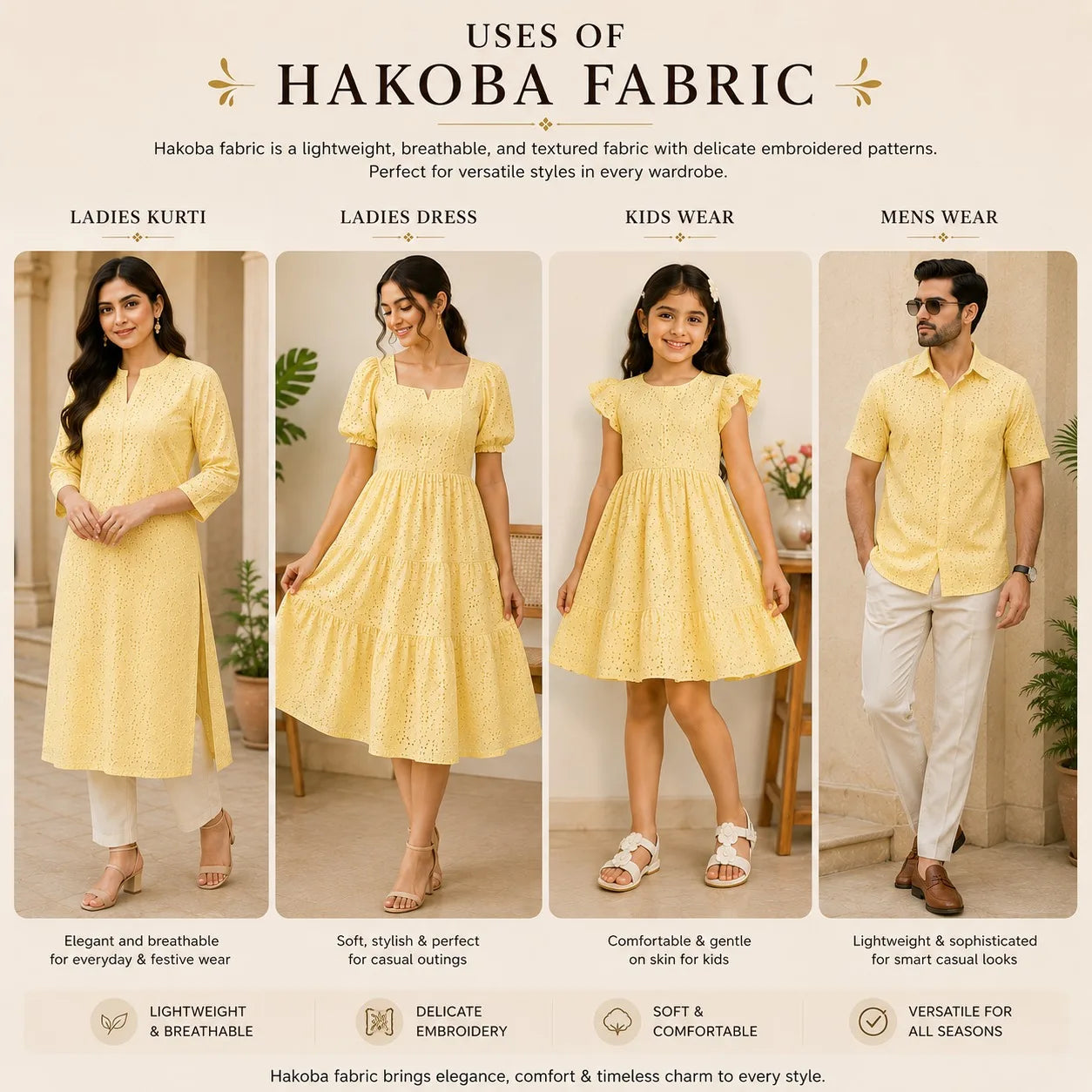 Style guide showcasing the versatile uses of Yellow Cotton Hakoba Schiffli Fabric in ladies kurtis, dresses, kids wear and men's shirts. Soft, breathable 100% cotton with elegant floral eyelet embroidery, ideal for everyday, festive and summer fashion.