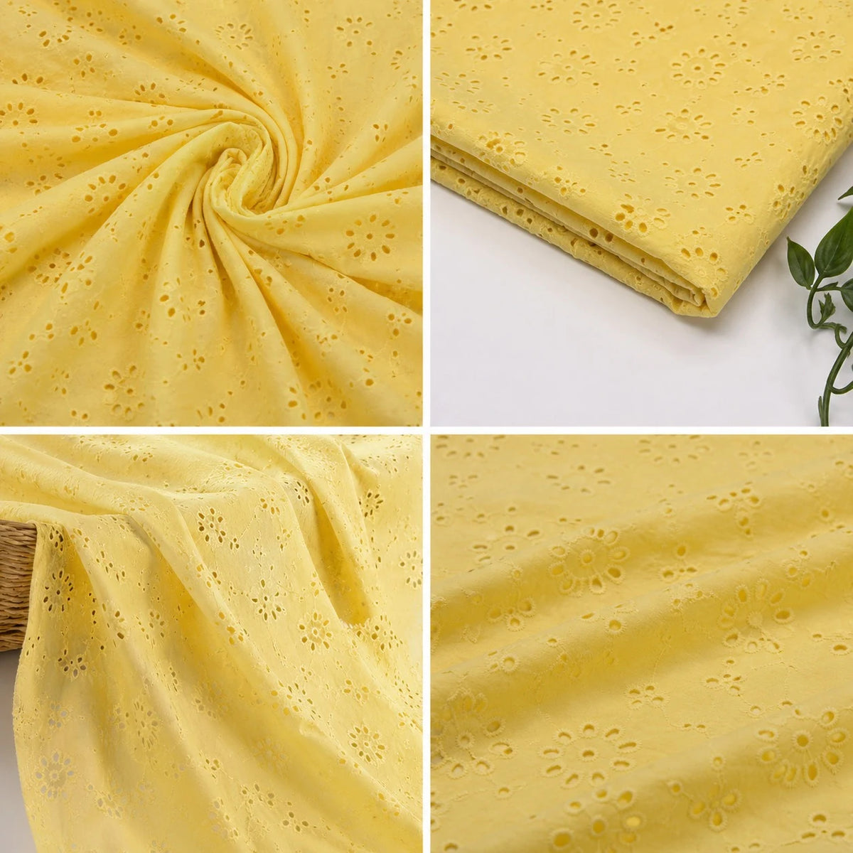 Collage showcasing Yellow Cotton Hakoba Schiffli Embroidery Fabric from multiple angles, including swirl drape, folded fabric, flowing texture and close-up floral eyelet embroidery. Soft, breathable 44-inch wide cotton fabric ideal for kurtis, dresses, tops, co-ord sets and summer ethnic wear.