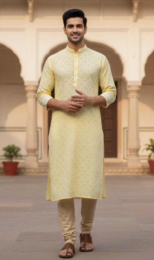 yellow silk kurta fabric men chikankari work