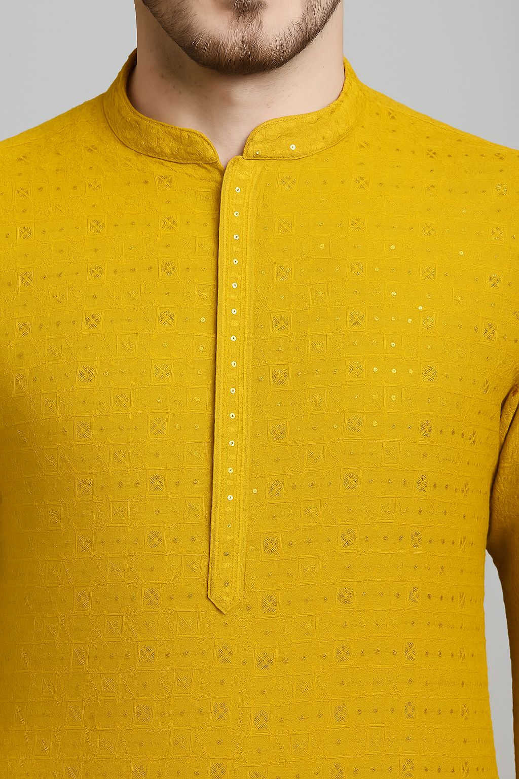 Premium yellow rayon viscose fabric with chess embroidery and sequins for festive season special and haldi kurta wear

