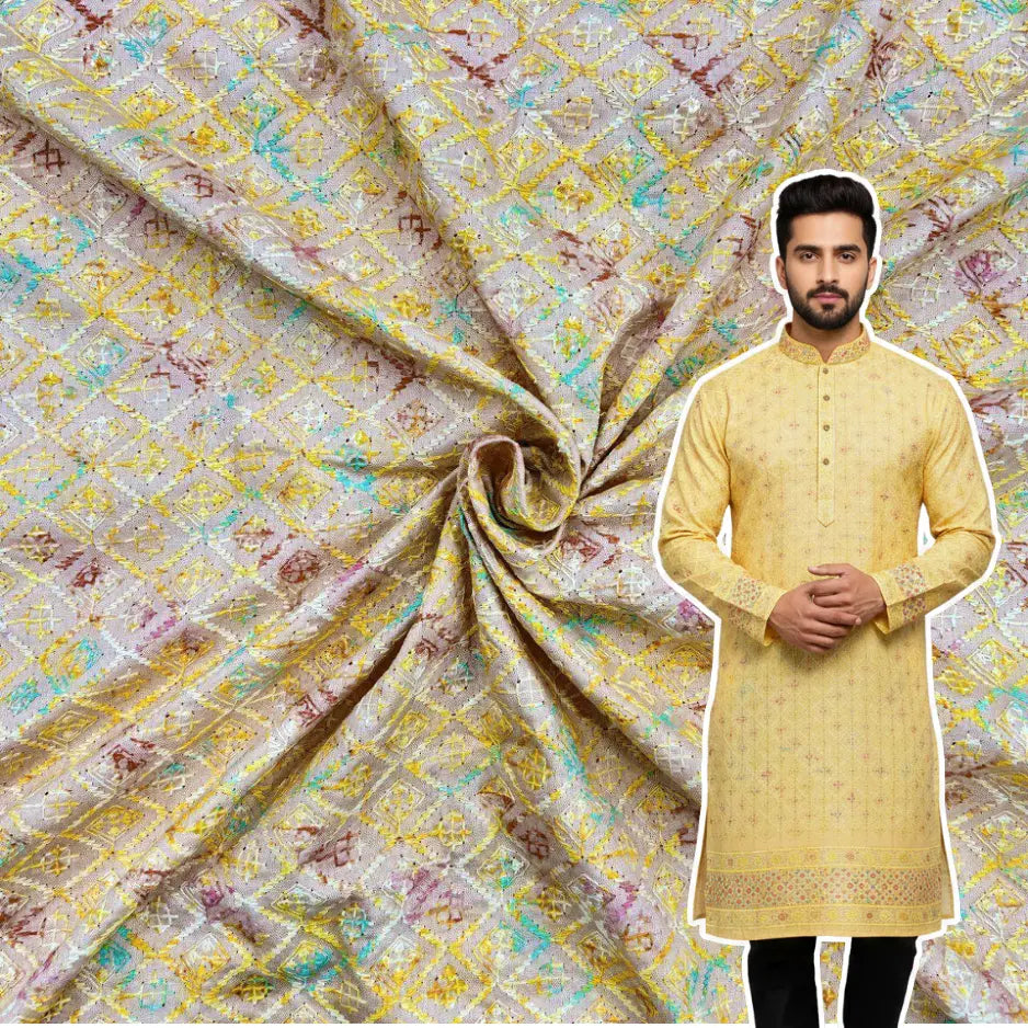 Pastel digital print rayon viscose kurta fabric with embroidery and sequin work for festive menswear