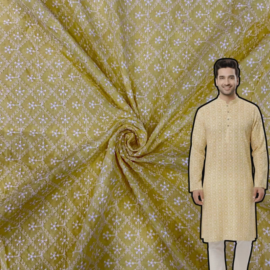 Yellow pure cotton lakhnavi embroidered fabric for kurta, suit and festive wear